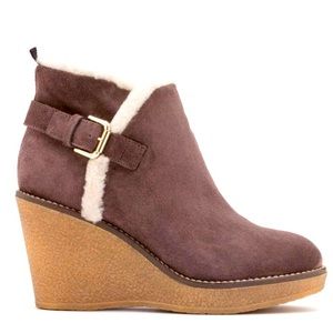 BODEN Brown White Shearling Buckle Wedge fall Boots size 8.5 NEW BEAUTIFUL!